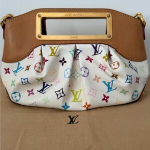 Louis Vuitton Murakami Judy PM Monogram White Canvas Shoulder Bag with Tan Trim
